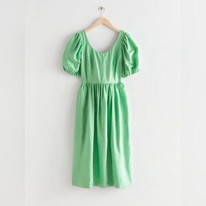 $219 NWT & Other Stories Green Silk Puff Sleeve Tie Back Voluminous Midi Dress 6